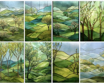 Custom Green Landscape Stained Glass Window Film – Tree Hill Nature Privacy Cling, Spring Forest Look, Decorative for Kitchen & Balcony