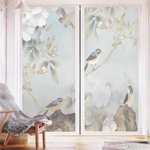 Custom Decorative Film Flower Bird Painting Window Film Stained Static Glass Sticker Privacy Kitchen Bedroom Moving Door Decal