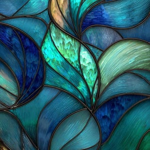 May include: Abstract stained glass design with flowing shapes in teal, turquoise, and deep blue. The design has a textured appearance with dark outlines, creating a visually striking and artistic composition.