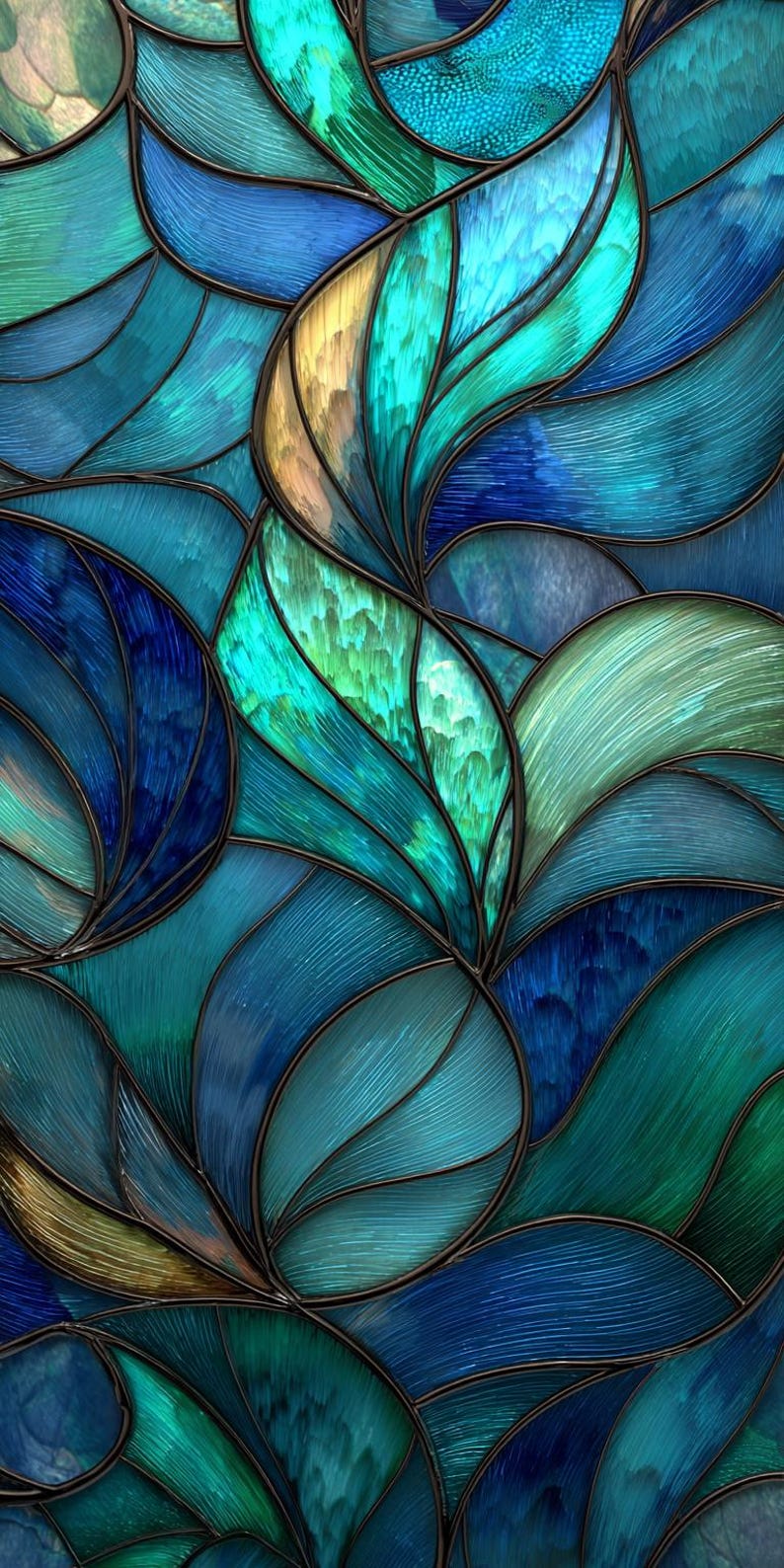 May include: Abstract stained glass design with flowing shapes in teal, turquoise, and deep blue. The design has a textured appearance with dark outlines, creating a visually striking and artistic composition.