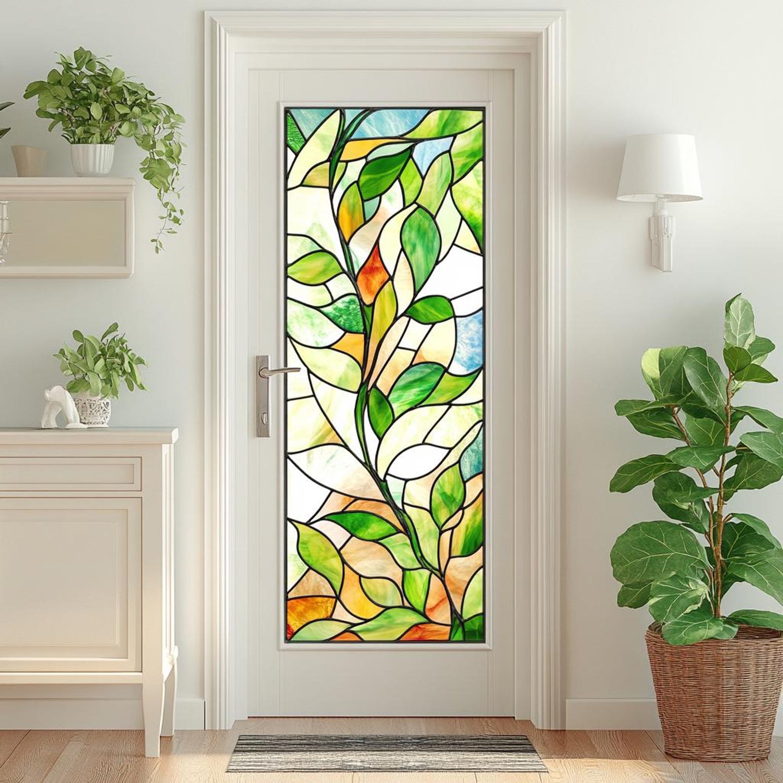 Stained Glass Door Film – Nature-inspired Leaf Design, Frosted Privacy ...