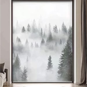 May include: A window roller shade featuring a grayscale forest scene with tall evergreen trees emerging from a misty fog. The design creates a serene and natural aesthetic, suitable for home decor.