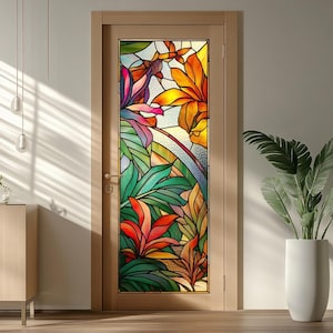 Luxury Floral Stained Glass Window Tint – Decorative Privacy Film, Custom No Glue Frosted Vinyl for Front Doors & Patio Windows