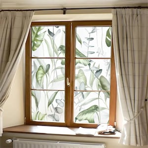 Glue-Free Privacy Frosted Glass Film – Green Plants Leaves Pattern, Anti-UV, Static Cling for Windows & Glass Doors