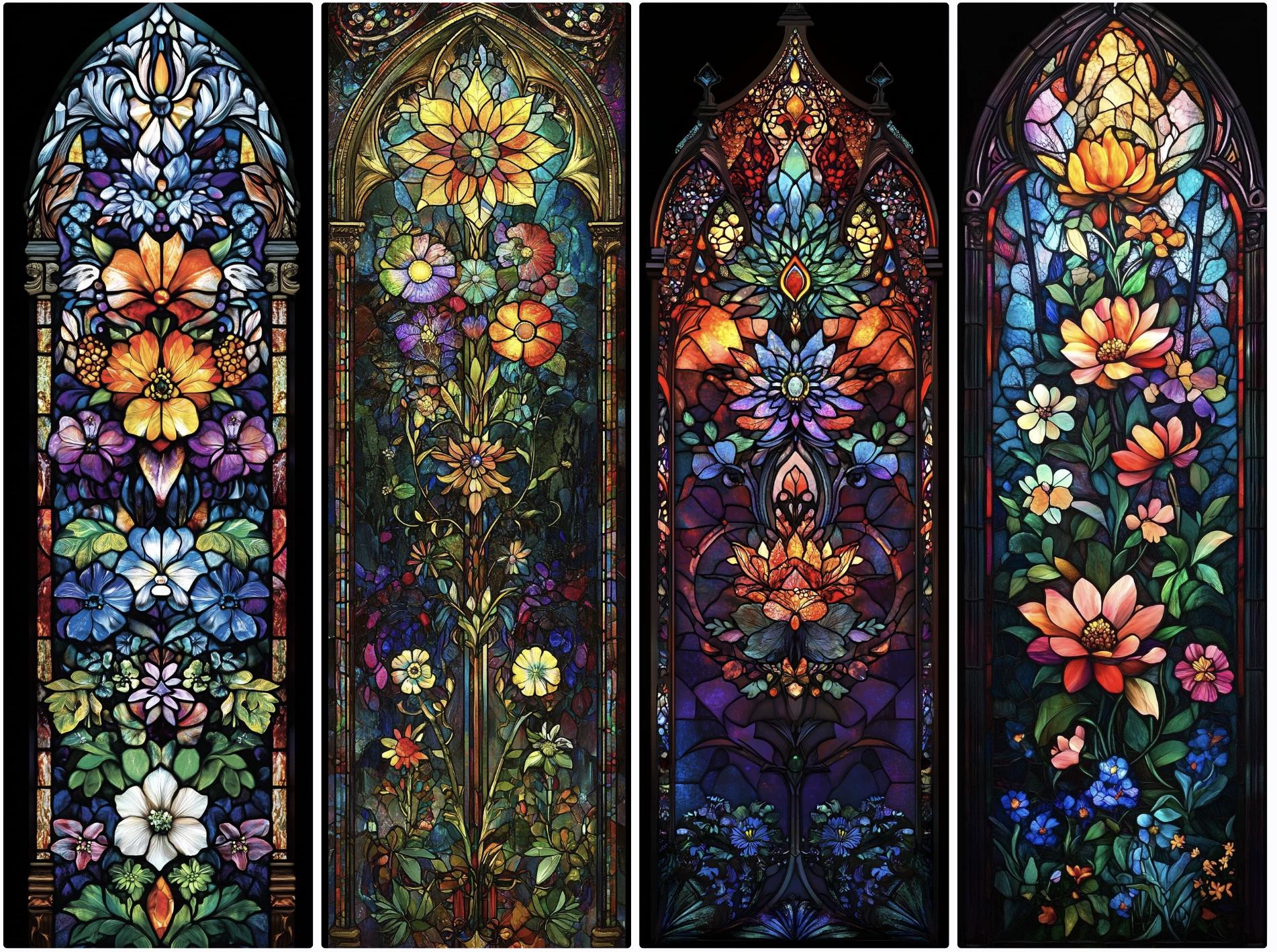 Art Nouveau Floral Stained Glass Window Film - Vibrant Blooms and Intricate Designs for Stylish Home Decor