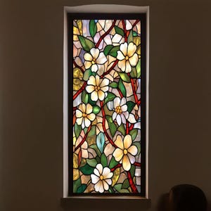 Custom Stained Glass Window Film – Floral Privacy Window Cling with Vibrant Red and White Flower Design