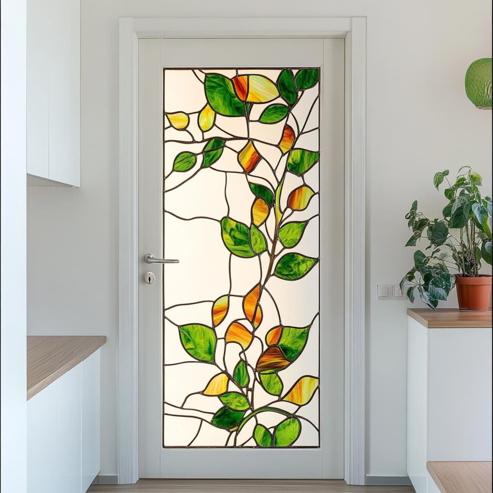 Stained Glass Door Film – Nature-inspired Leaf Design, Frosted Privacy ...