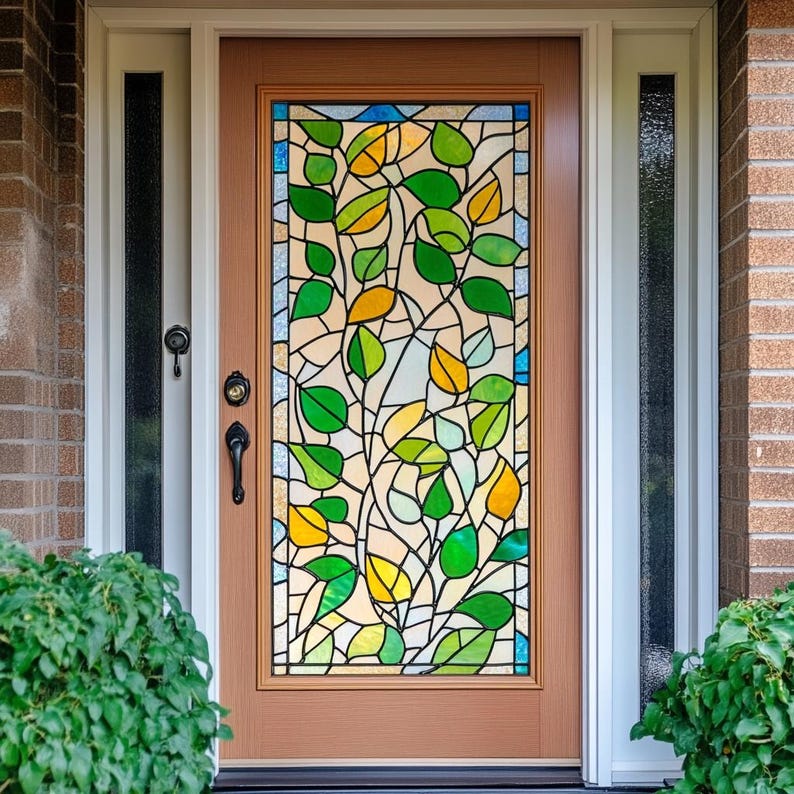 Stained Glass Door Film – Nature-inspired Leaf Design, Frosted Privacy ...