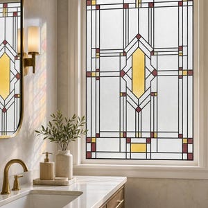 Stained Glass Window Film, Frosted White Geometric Diamond Rectangular Border, Custom Size