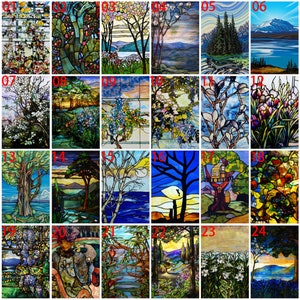 May include: A collection of 24 stained glass panels depicting various nature scenes. The panels feature a variety of colours, including blue, green, yellow, and red. The scenes include trees, flowers, birds, and landscapes.