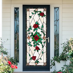 Custom Stained Glass Window Film – Classic Red Rose Design, Privacy Frosted Cling, No Glue for Front Doors & Windows