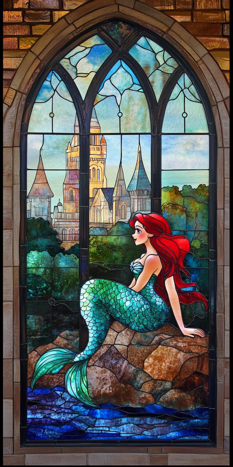 Fantasy Mermaid Stained Glass Window Film - Vibrant Castle and Ocean ...