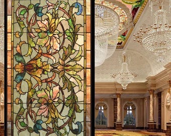 Victorian Floral Stained Glass Window Film – Decorative Frosted Glass Privacy Sticker, Custom Sizes, Static Cling, Non-Adhesive, Home Décor