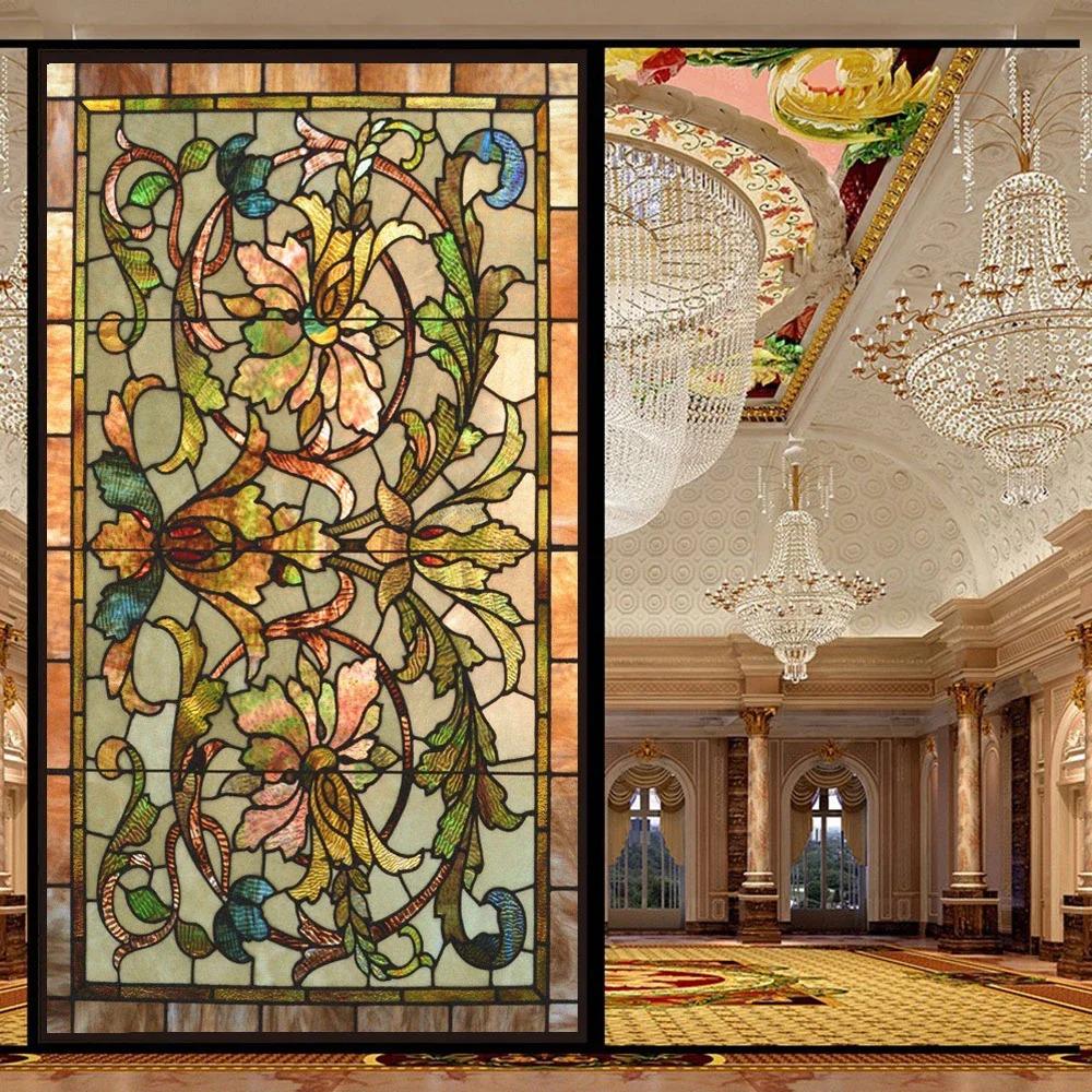 Victorian Floral Stained Glass Window Film – Decorative Frosted Glass Privacy Sticker, Custom Sizes, Static Cling, Non-Adhesive, Home Décor