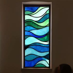 Película de vitral personalizada con diseño de olas del océano, ideal para baño, cocina, sala de estar y puertas de vidrio.