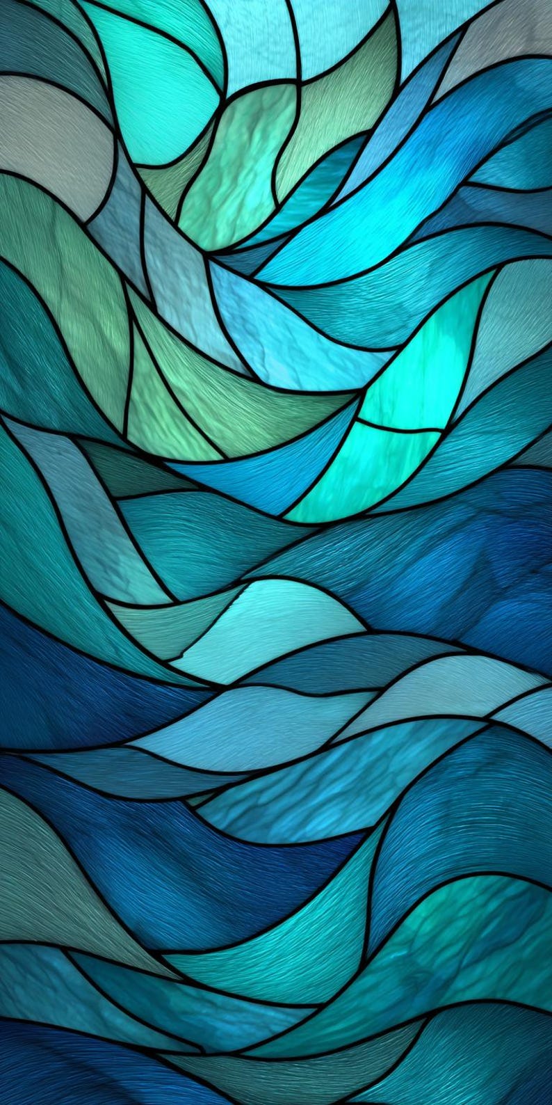 May include: Abstract stained glass design with flowing, wave-like patterns in teal, turquoise, and deep blue. The design is segmented by black lines, creating a mosaic effect. The textured appearance adds depth and visual interest to the artwork.