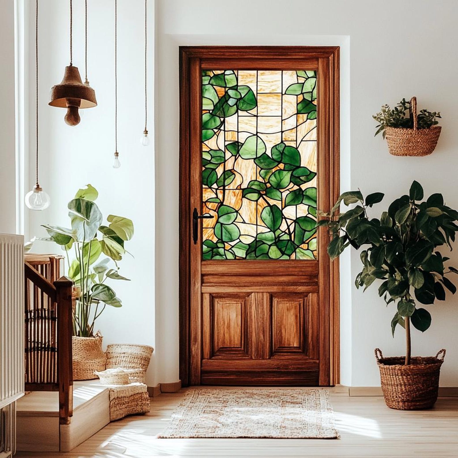 Stained Glass Door Film – Nature-inspired Leaf Design, Frosted Privacy ...
