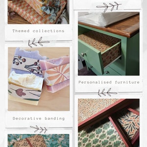 Puede incluir: Un collage de productos de papel decorativo que incluye regalos envueltos con patrones florales y de cuadros, pastillas de jab&oacute;n con bandas de papel bot&aacute;nico, un caj&oacute;n de madera verde forrado con papel estampado y forros de caj&oacute;n con motivos de hojas de roble.