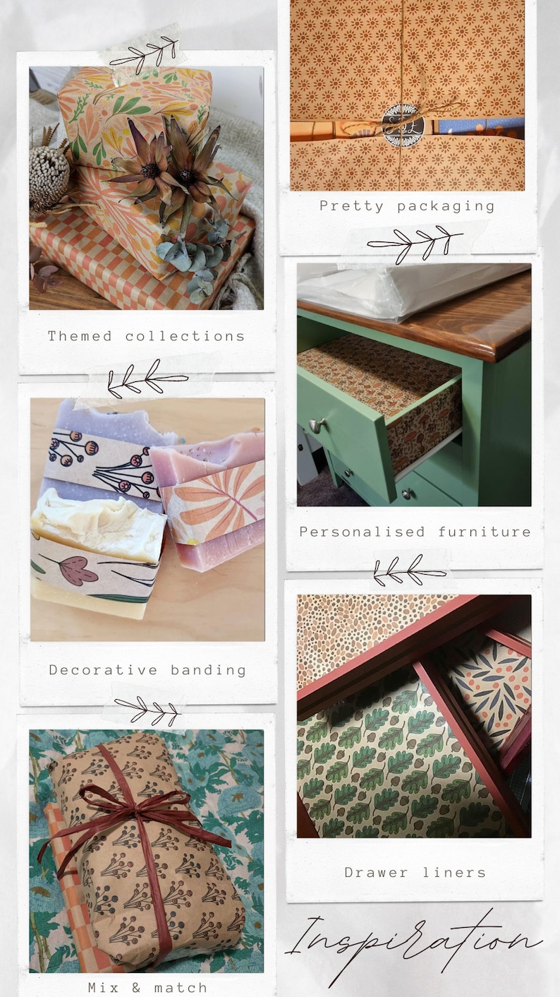 Puede incluir: Un collage de productos de papel decorativo que incluye regalos envueltos con patrones florales y de cuadros, pastillas de jab&oacute;n con bandas de papel bot&aacute;nico, un caj&oacute;n de madera verde forrado con papel estampado y forros de caj&oacute;n con motivos de hojas de roble.
