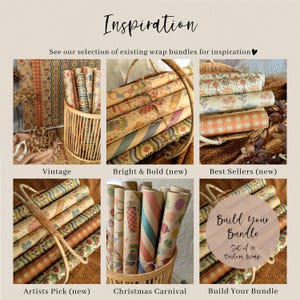 Puede incluir: Una colecci&oacute;n de rollos de papel de regalo en cestas, con varios patrones que incluyen flores, cuadros vichy y rayas. La imagen incluye etiquetas de texto como Inspiration, Vintage, Bright & Bold, Best Sellers, Artists Pick, Christmas Carnival y Build Your Bundle.
