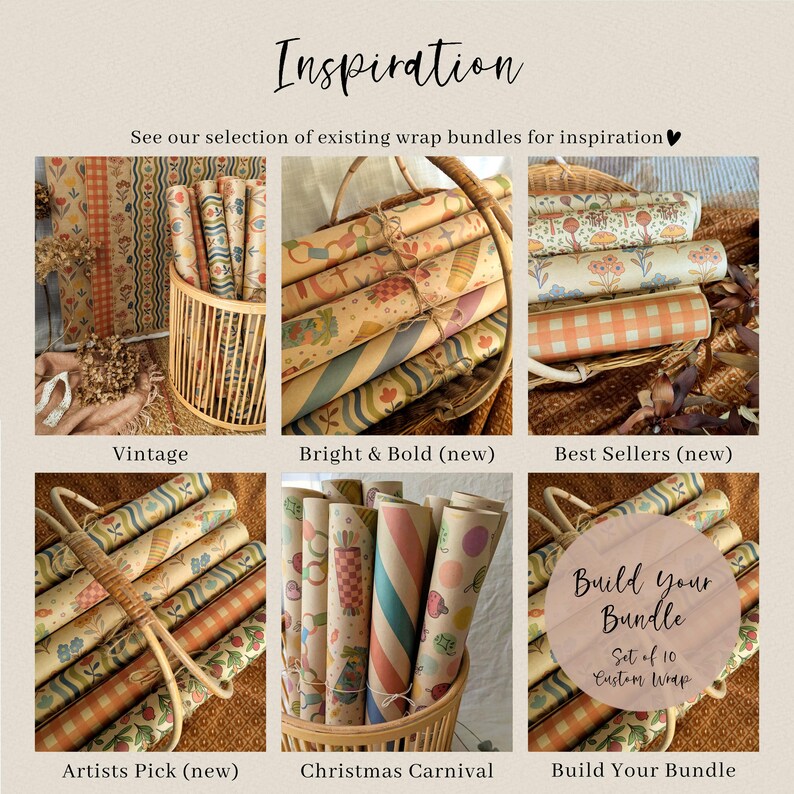 Puede incluir: Una colecci&oacute;n de rollos de papel de regalo en cestas, con varios patrones que incluyen flores, cuadros vichy y rayas. La imagen incluye etiquetas de texto como Inspiration, Vintage, Bright & Bold, Best Sellers, Artists Pick, Christmas Carnival y Build Your Bundle.
