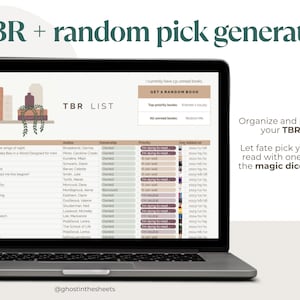 May include: A laptop displays a TBR (To Be Read) list and a random pick generator. The screen shows a list of books with author, ownership, and priority details. Text on the screen reads "Organize and prioritize your TBR list."