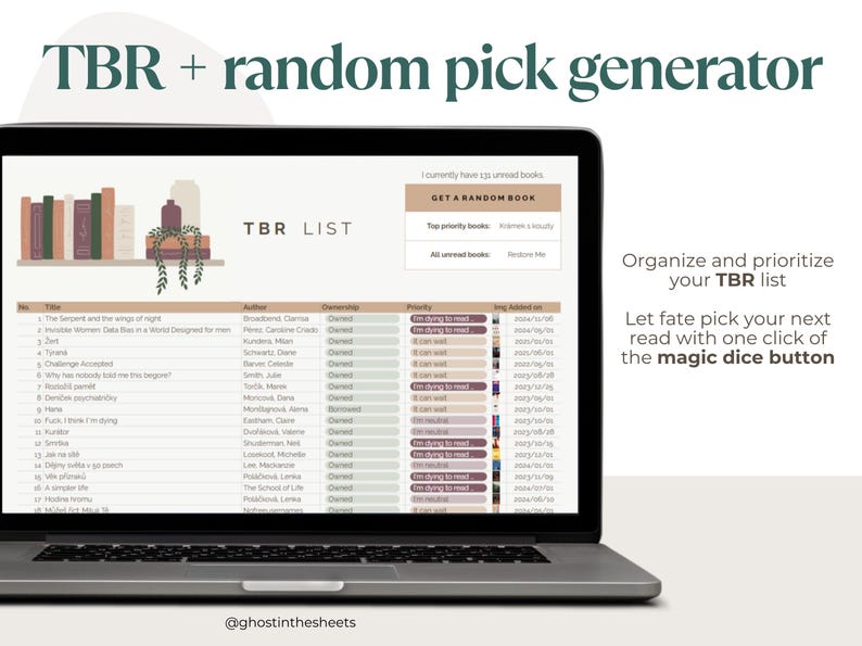 May include: A laptop displays a TBR (To Be Read) list and a random pick generator. The screen shows a list of books with author, ownership, and priority details. Text on the screen reads "Organize and prioritize your TBR list."