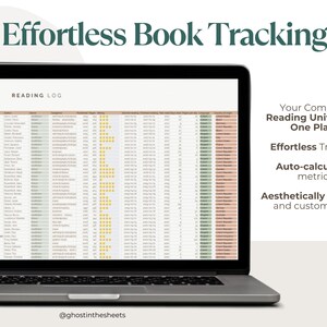 May include: A laptop displaying a reading log spreadsheet with the text "Effortless Book Tracking." The screen shows a list of books with columns for author, rating, and other details. Additional text includes "Your Complete Reading Universe in One Place."
