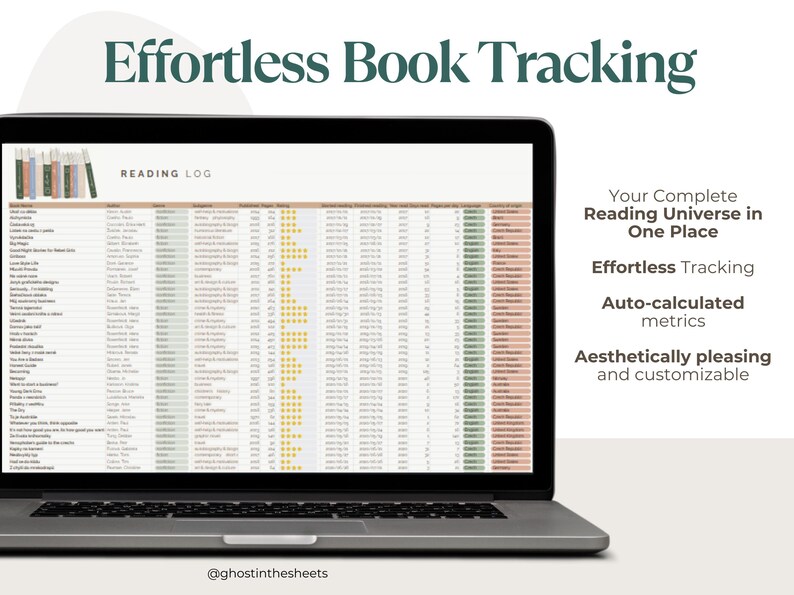 May include: A laptop displaying a reading log spreadsheet with the text "Effortless Book Tracking." The screen shows a list of books with columns for author, rating, and other details. Additional text includes "Your Complete Reading Universe in One Place."