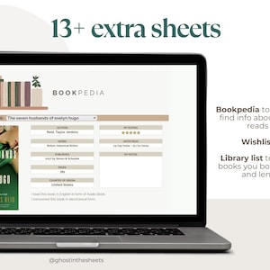 May include: A laptop displays the Bookpedia website, showcasing a book database with features like a wishlist and library list. The screen shows "The Seven Husbands of Evelyn Hugo" book details. Text reads "13+ extra sheets".
