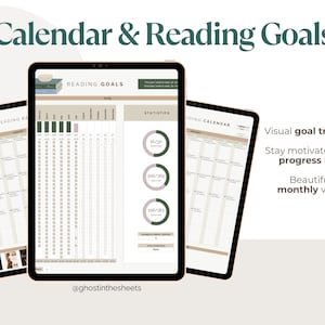 May include: Three digital tablets displaying a reading calendar and goal tracker. The central tablet shows detailed statistics and progress bars. Text includes "Calendar & Reading Goals," "Visual goal tracking," and "Stay motivated with progress bars."