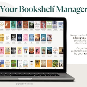 May include: A laptop screen displays a digital bookshelf manager with book covers categorized by type: paper, e-books, audio, and borrowed. Text on the screen reads "Your Bookshelf Manager." Additional text on the right states, "Keep track of all the books you own, physically and electronically."