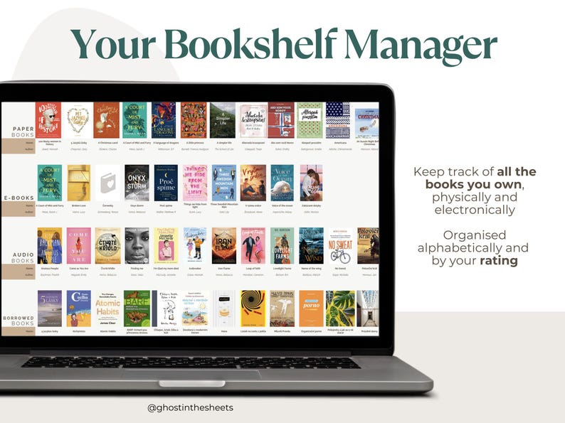 May include: A laptop screen displays a digital bookshelf manager with book covers categorized by type: paper, e-books, audio, and borrowed. Text on the screen reads "Your Bookshelf Manager." Additional text on the right states, "Keep track of all the books you own, physically and electronically."