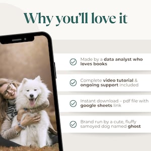 May include: A smartphone displays a photo of a woman with glasses hugging a fluffy white Samoyed dog. Text on the screen reads "Why you'll love it." Additional text highlights features like video tutorials and support.