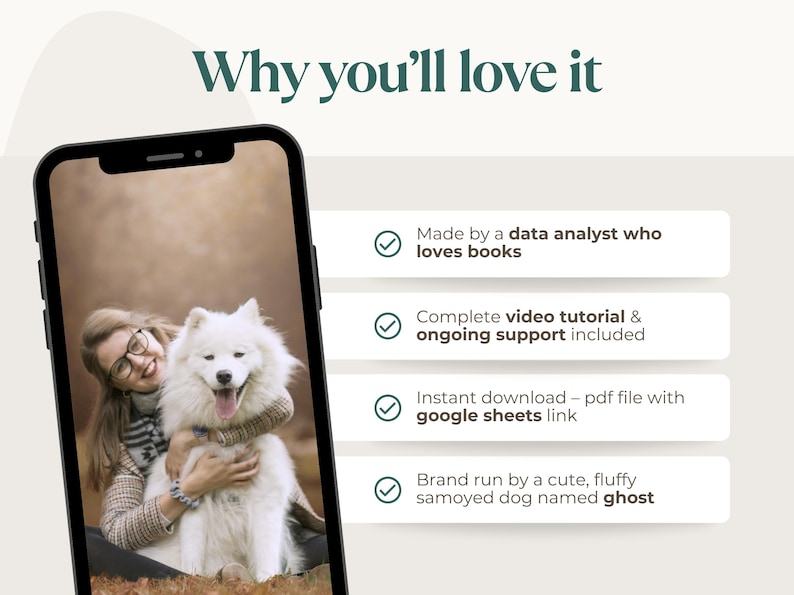 May include: A smartphone displays a photo of a woman with glasses hugging a fluffy white Samoyed dog. Text on the screen reads "Why you'll love it." Additional text highlights features like video tutorials and support.
