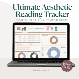 Peut inclure: Un ordinateur portable affiche un tableau de bord de suivi de lecture avec des graphiques et des données. Le texte "Ultimate Aesthetic Reading Tracker" et "13 Specialized Fully Automated Sheets" est visible. Un autocollant bordeaux indique "Created by Data Analyst."