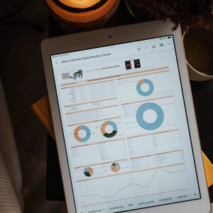May include: A lit candle in a glass jar sits next to a white tablet displaying a digital reading tracker. The tablet shows charts and graphs with the text "Marti's Ultimate Digital Reading Tracker" at the top. A cup and a stack of books are also visible.