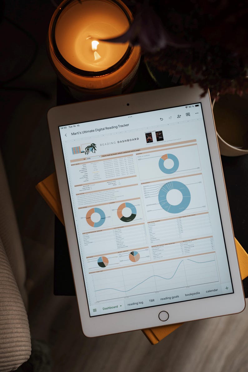 May include: A lit candle in a glass jar sits next to a white tablet displaying a digital reading tracker. The tablet shows charts and graphs with the text "Marti's Ultimate Digital Reading Tracker" at the top. A cup and a stack of books are also visible.