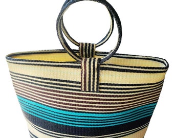 Woven Liberian Beige, Black and Blue Plastic Tote Strong Resistant Bag