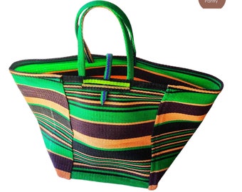 Woven Liberian Green, Beige and White Plastic Tote Strong Resistant Bag