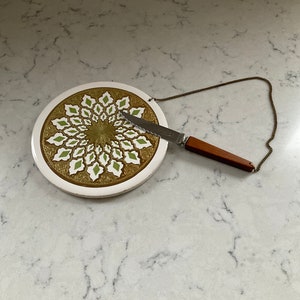 Vintage round cheese plate with attached knife MCM.