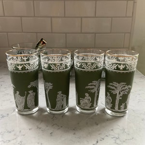 Vintage MCM Grecian Jeanette jasperware olive green glass bar ware