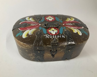 Decorative vintage wooden box folk art painted floral design