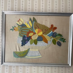 vintage framed hand made crewel art. fruits and flower embroidery