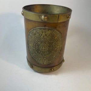 Vintage brass and copper Aztec Mayan sun god Mexican mug/stein