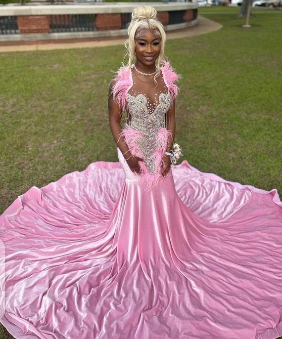 Pink feather top prom dress