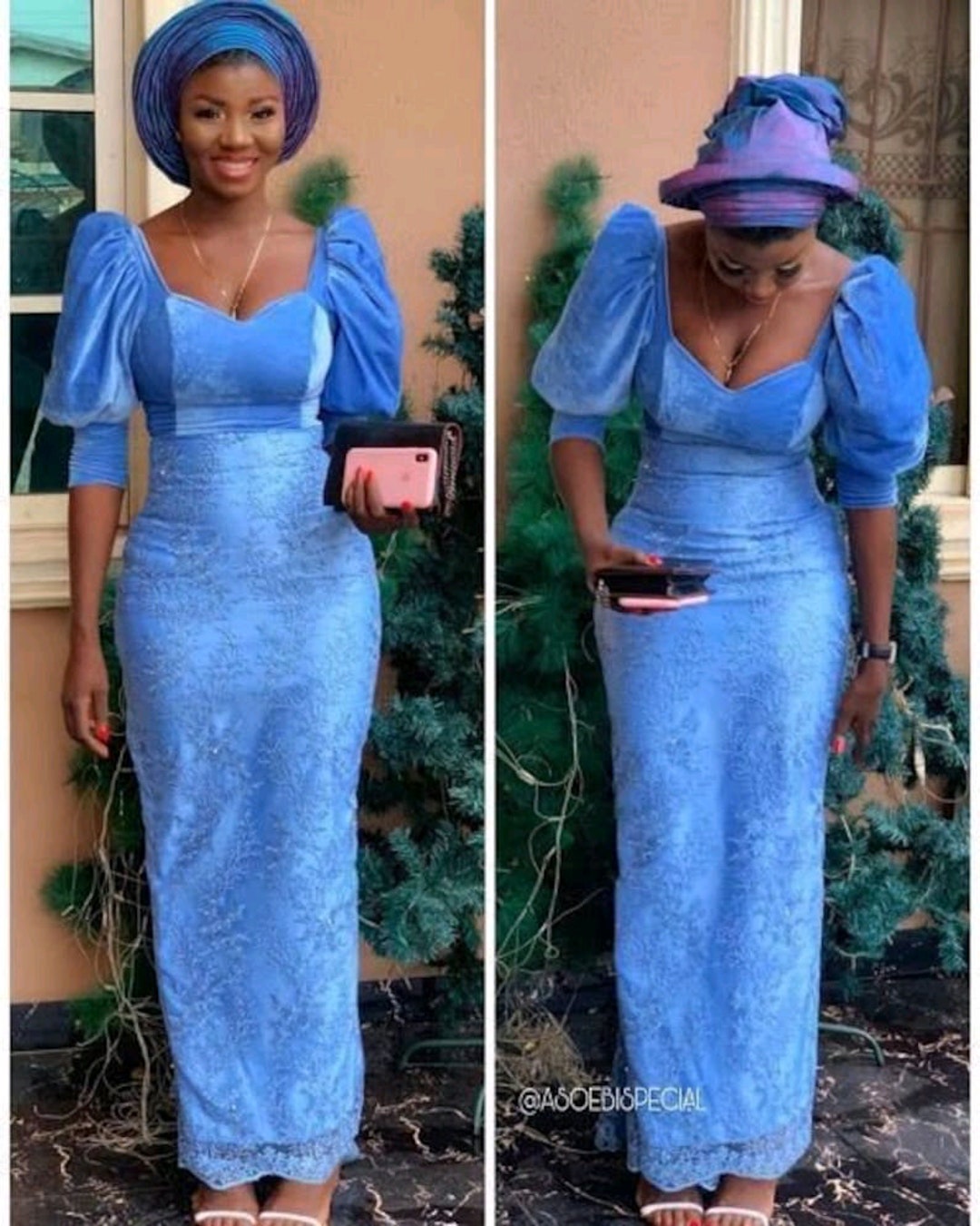 Blue African Print Long Wedding Dress, Asoebi Dress, Blue Prom Dress
