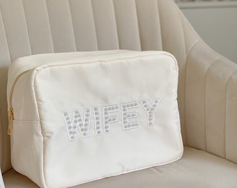 Wifey Pearl Toiletry Bag | Cream Nylon Cosmetic Case