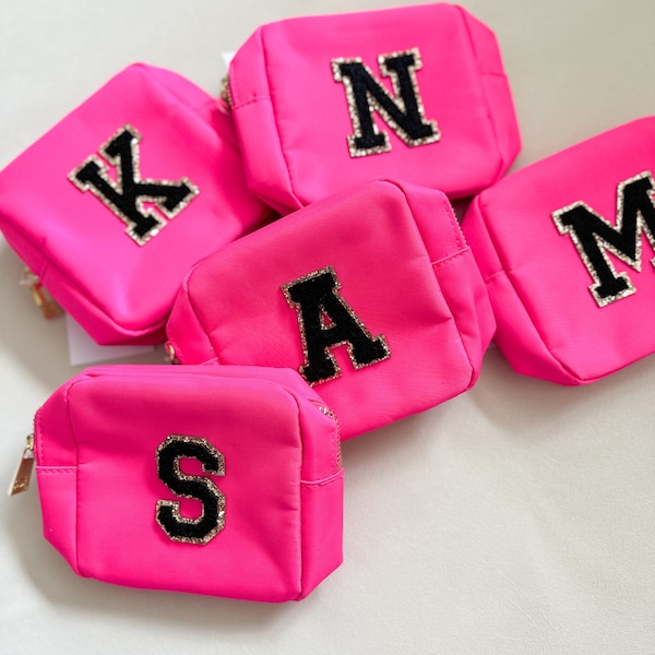 Personalized HOT PINK MINI Gift Bag Chenille Letters | Bridesmaid Makeup Bags | Initial Makeup Bags |