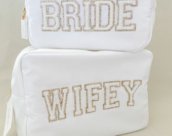 Wifey Cosmetic Bag | White Chenille Patch Bridal Travel Bag